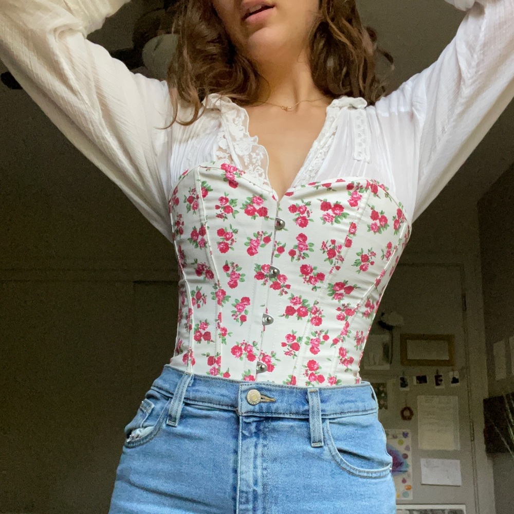 Lace Up Corset w/ Boning Roses Print S/M